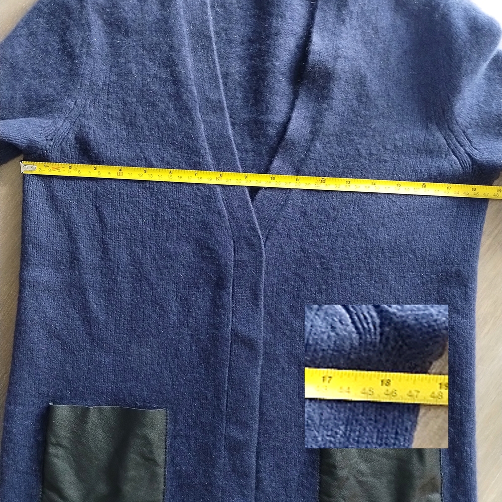Lord & Taylor 100% Cashmere Long Cardigan • Navy • Leather Pockets - Picture 6 of 7